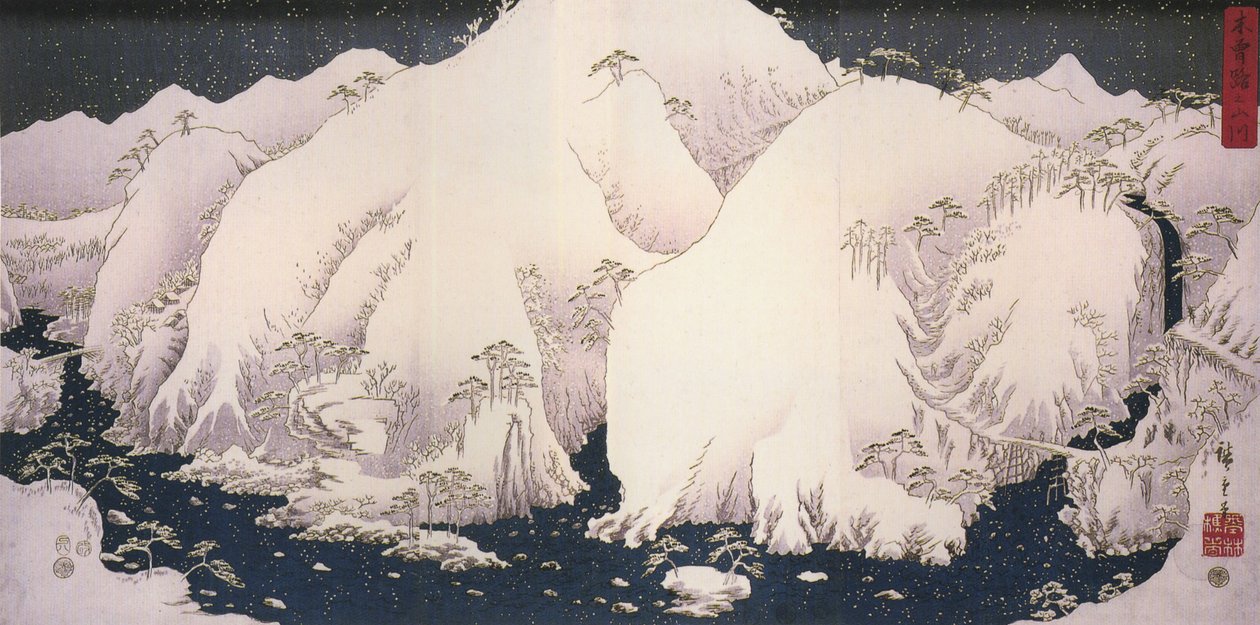 Hiroshige, En flod blandt sneklædte bjerge af Utagawa Hiroshige