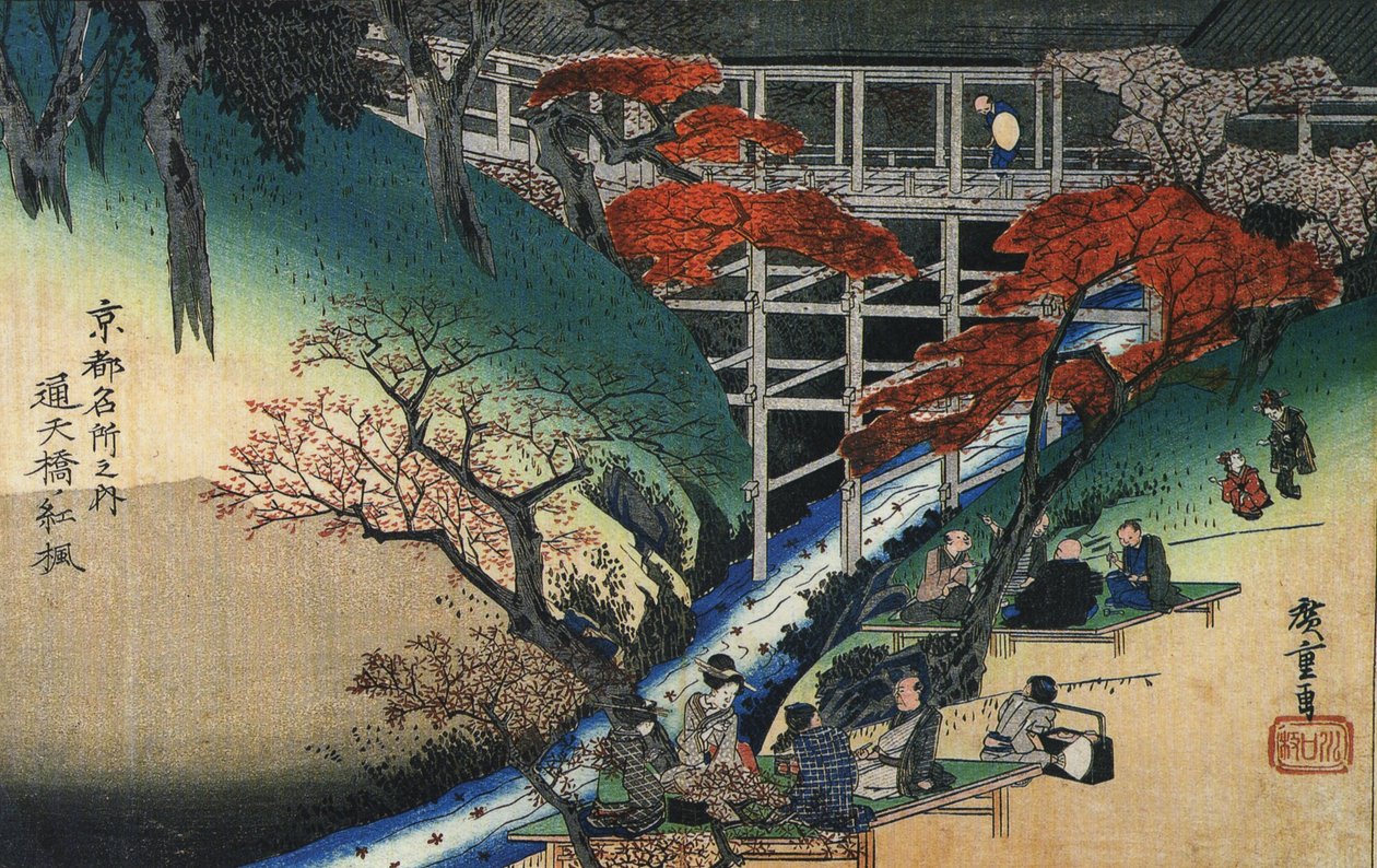 Hiroshige Mennesker under ahorntræer ved et vandløb af Utagawa Hiroshige