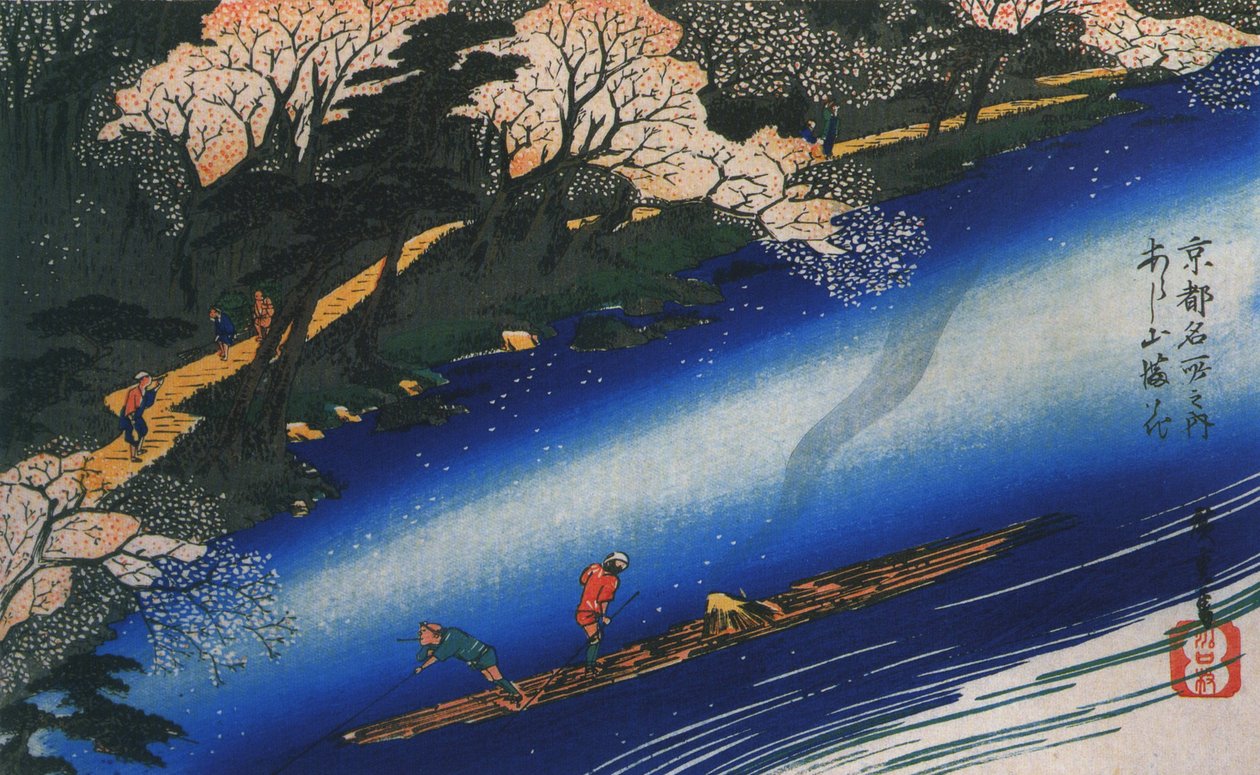 Hiroshige polerer en tømmerflåde på en flod af Utagawa Hiroshige