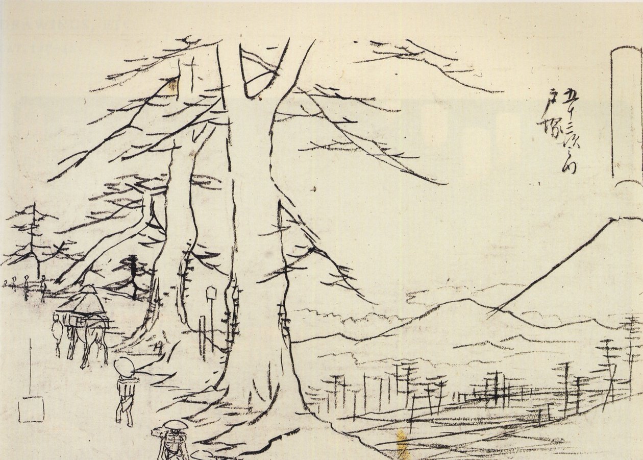 Hiroshige, Rejsende på en skrånende vej af Utagawa Hiroshige