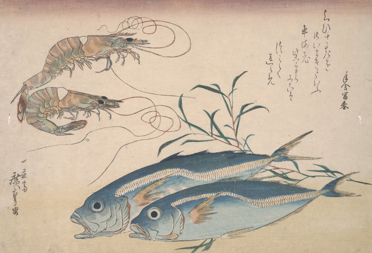Hestemakrel, ferskvandsrejer og tang, ca. 1832 af Utagawa Hiroshige