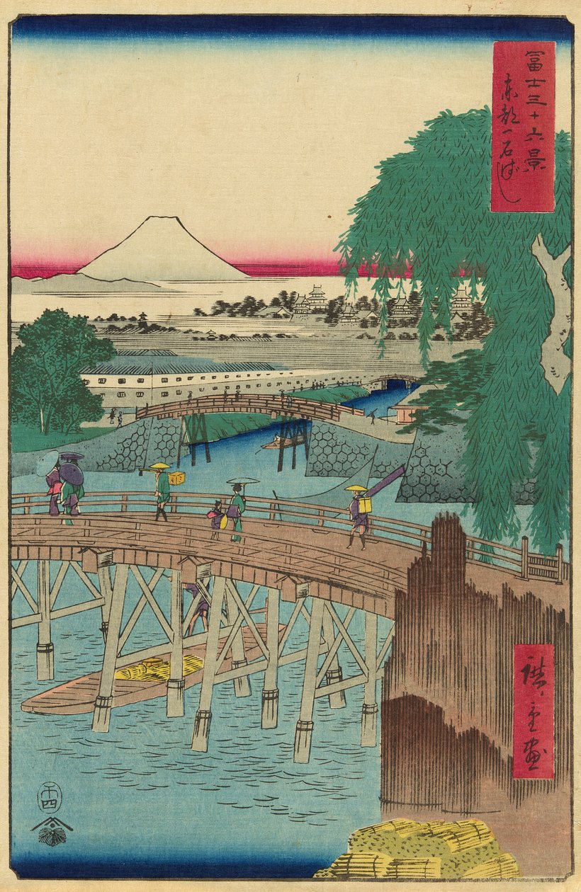 Ichikoku-broen i den østlige hovedstad (Toto Ichikokubashi), fra serien "Seksogtredive udsigter over Mount Fuji (Fuji sanjurokkei)" af Utagawa Hiroshige