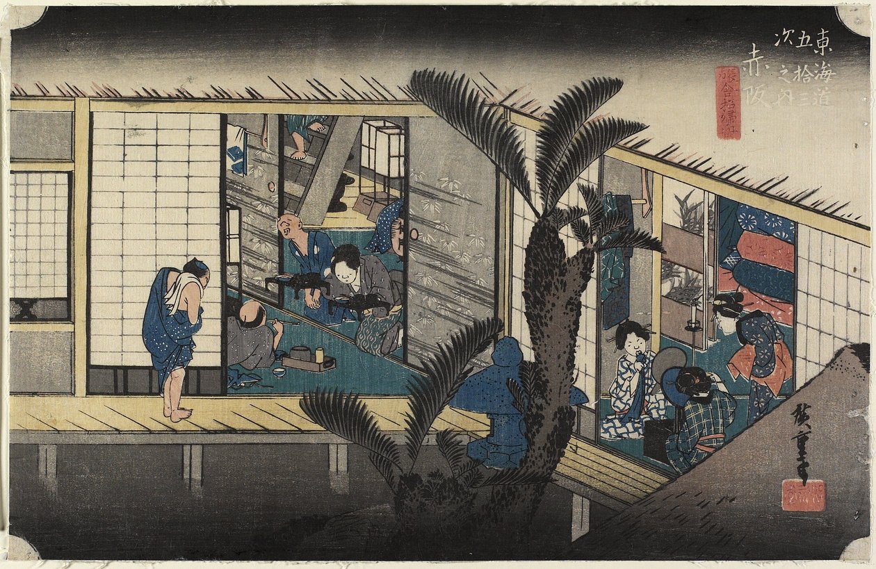 Kro med tjenestepiger, Akasaka, ca. 1833 af Utagawa Hiroshige