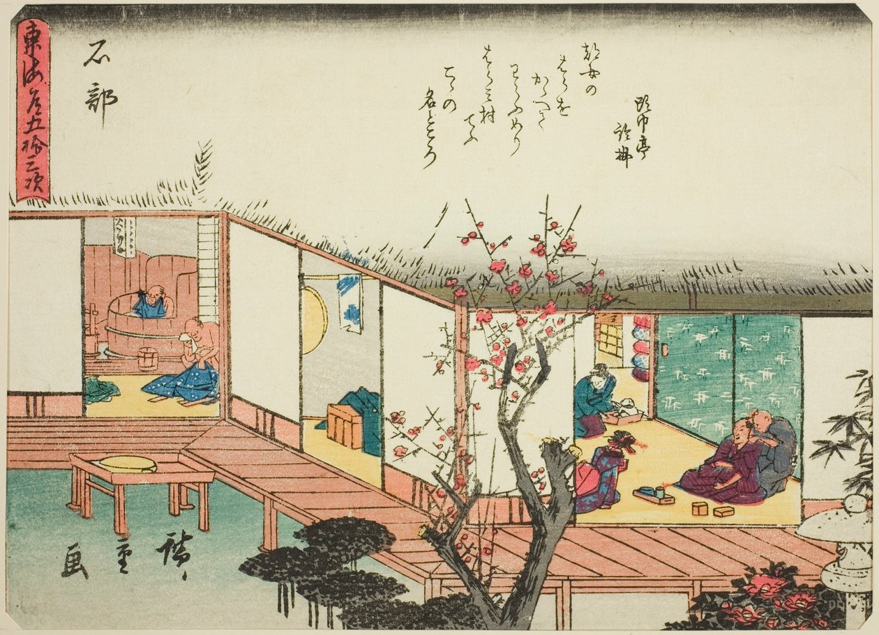 Ishibe, fra serien "Fifty-three Stations of the Tokaido (Tokaido gojusan tsugi)," også kendt som Tokaido med digt (Kyoka iri Tokaido) af Utagawa Hiroshige