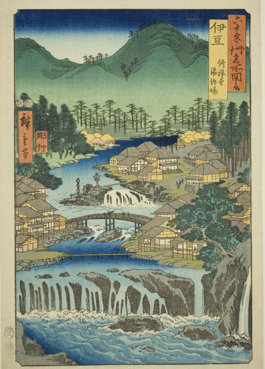 Izu-provinsen: Hot Springs of the Shuzen Temple (Izu, Shuzenji tojiba), fra serien "Famous Places in the 60-odd Provinces (Rokujuyoshu meisho zue)" af Utagawa Hiroshige