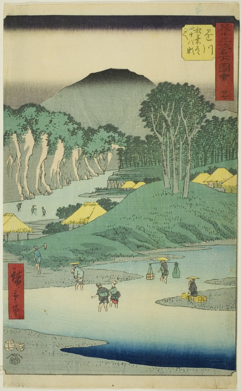 Kakegawa: Krydser de 48 Rapids på Akiba Road (Kakegawa, Akiba michi shijuhachi segoe), nr. 27 fra serien "Famous Sights of the Fifty-tre Stations (Gojusan tsugi meisho zue)," også kendt som den lodrette Tokaido af Utagawa Hiroshige