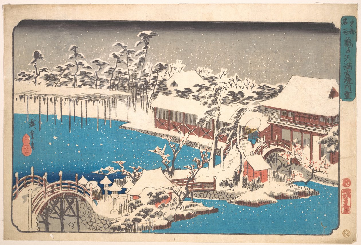 Sne i området ved Kameido Tenmangu-helligdommen af Utagawa Hiroshige