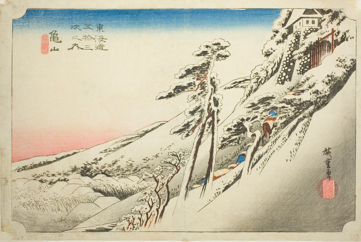 Kameyama: Weather Clearing after Snow (Kameyama, yukibare), fra serien "Fifty-three Stations of the Tokaido (Tokaido gojusan tsugi no uchi)," også kendt som Hoeido Tokaido af Utagawa Hiroshige