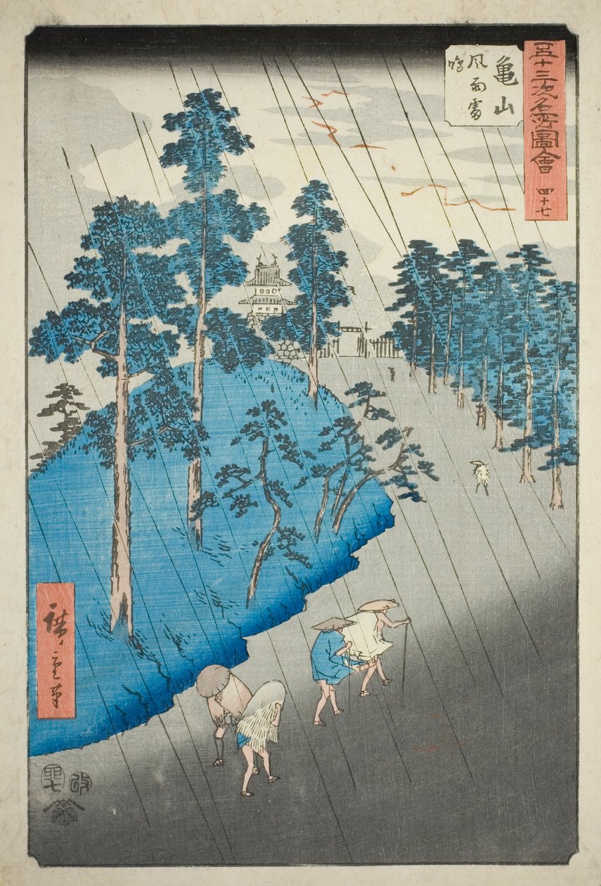 Kameyama: Vind, regn og torden (Kameyama, fuu raimei), nr. 47 fra serien "Famous Sights of the Fifty-tre Stations (Gojusan tsugi meisho zue)," også kendt som den lodrette Tokaido af Utagawa Hiroshige