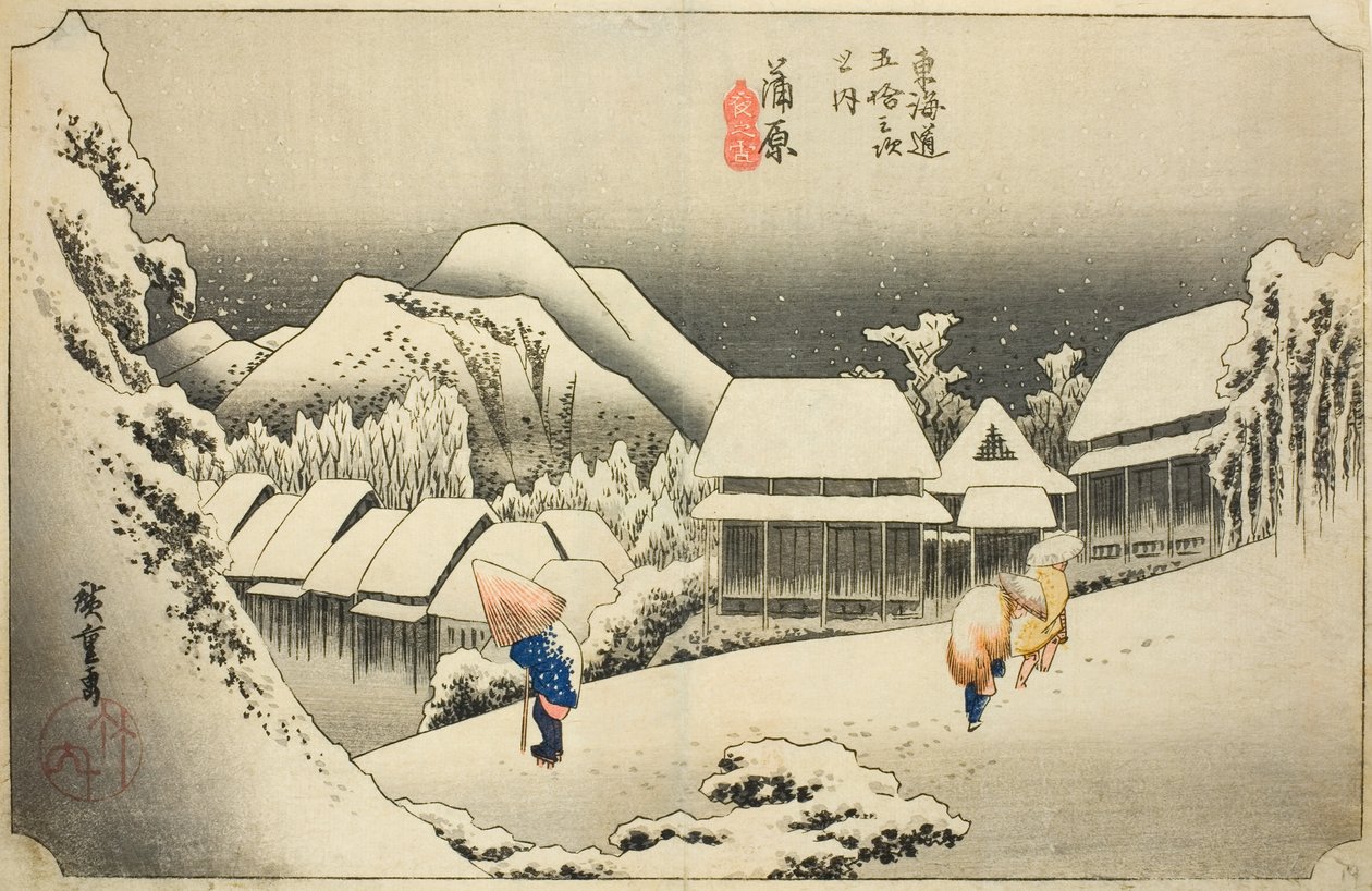 Kanbara: Evening Snow (Kanbara, yoru no yuki), fra serien "Fifty-three Stations of the Tokaido (Tokaido gojusan tsugi no uchi)," også kendt som Hoeido Tokaido af Utagawa Hiroshige