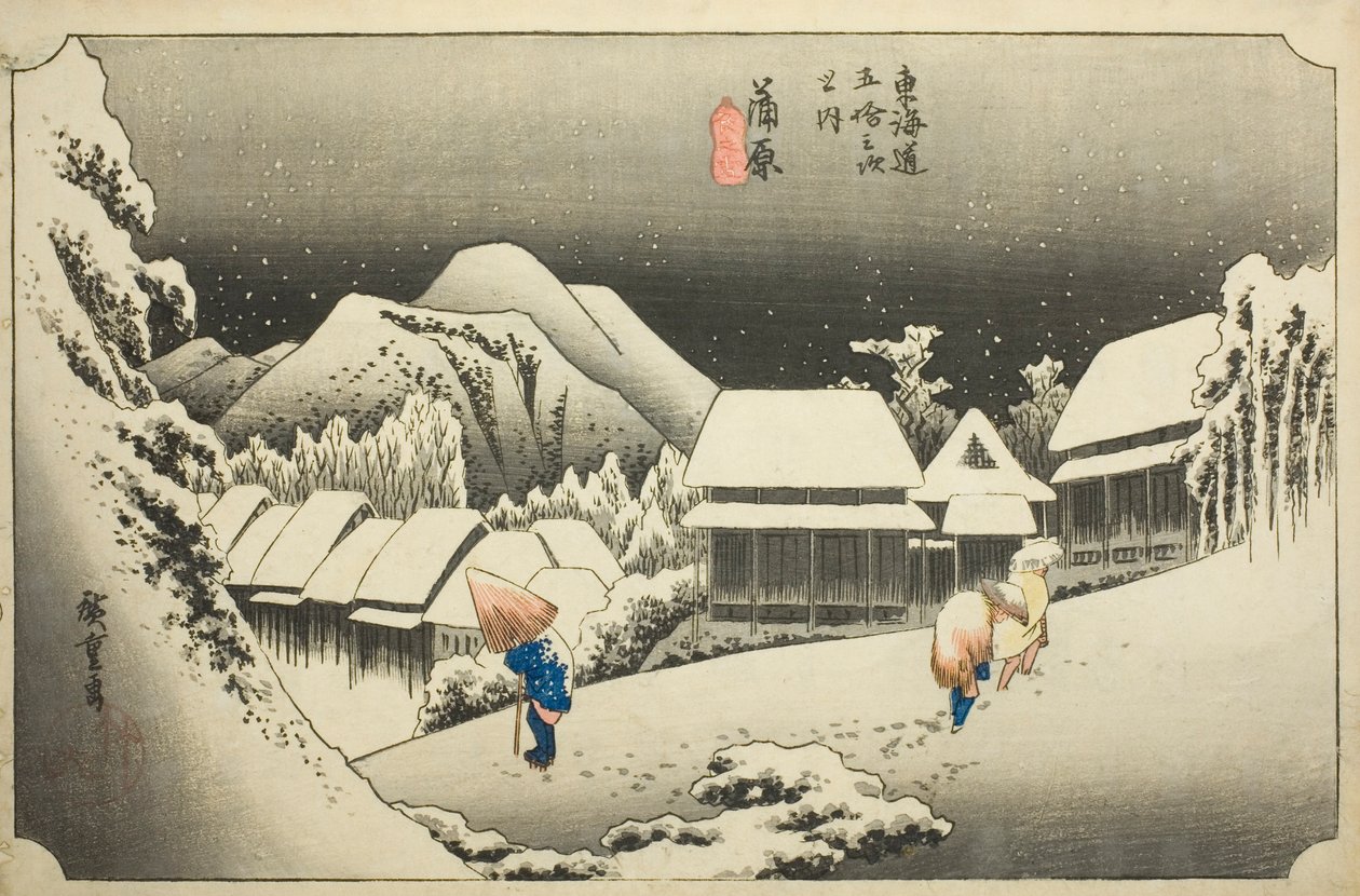 Kanbara: Evening Snow (Kanbara, yoru no yuki), fra serien "Fifty-three Stations of the Tokaido (Tokaido gojusan tsugi no uchi)," også kendt som Hoeido Tokaido af Utagawa Hiroshige