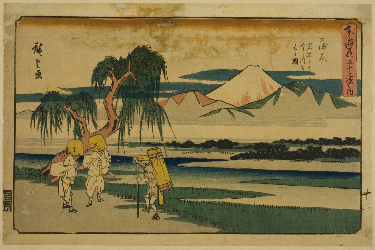 Kanbara: Udsigt over Fuji-floden fra Iwafuchi (Kanbara, Iwafuchi yori Fujikawa o miru zu), fra serien "Fifty-three Stations of the Tokaido (Tokaido gojusan tsugi no uchi)," også kendt som Gyosho Tokaido af Utagawa Hiroshige