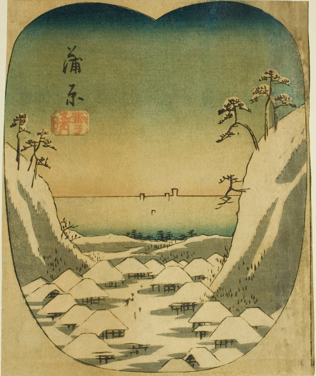 Kanbara, sektion af ark nr. 4 fra serien "Cutouts of the Fifty-tre Stations (Gojusan tsugi harimaze)" af Utagawa Hiroshige