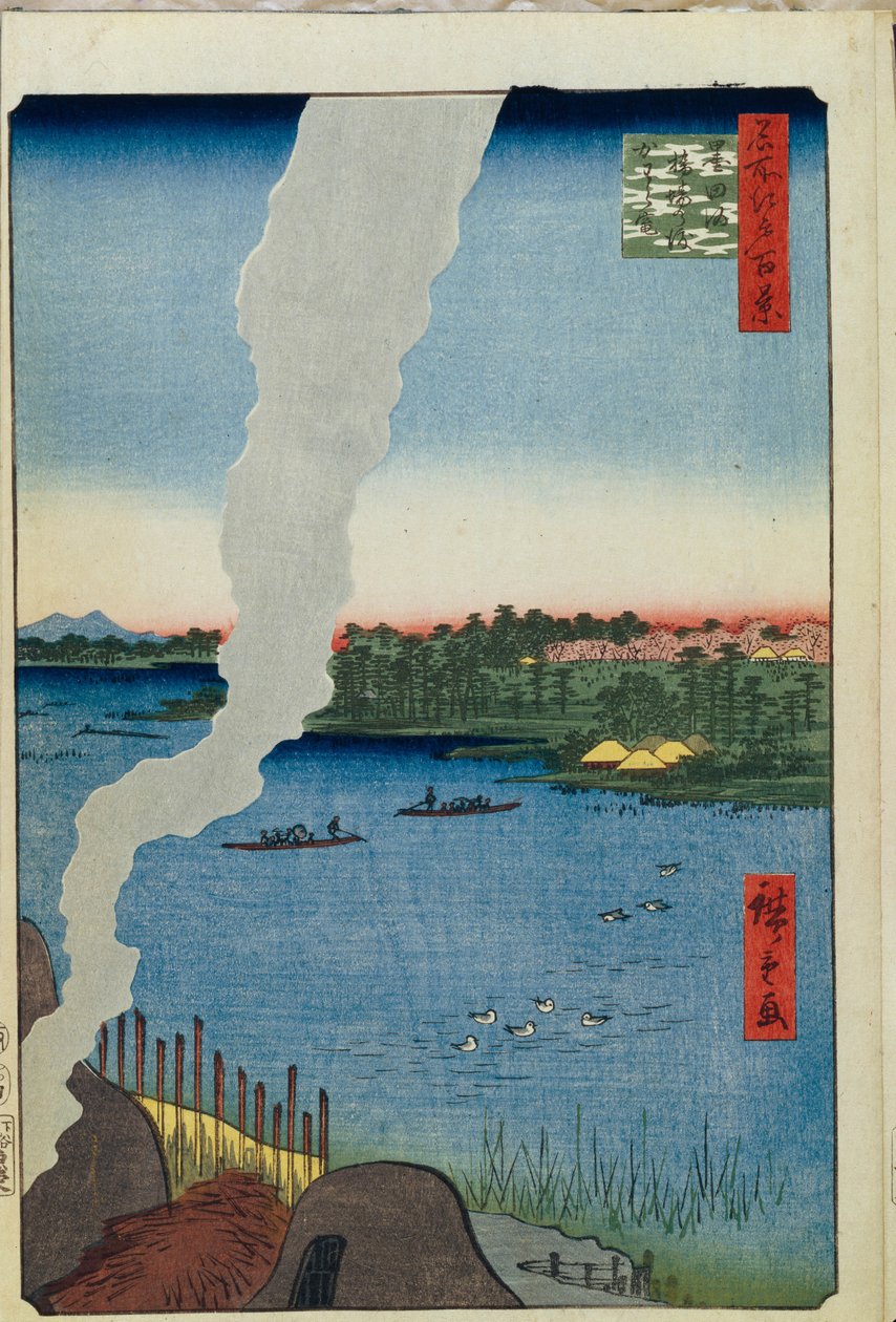Ovne og Hashiba-færgen på Sumida-floden Hundrede berømte udsigter over Edo, 1856-1858 af Utagawa Hiroshige