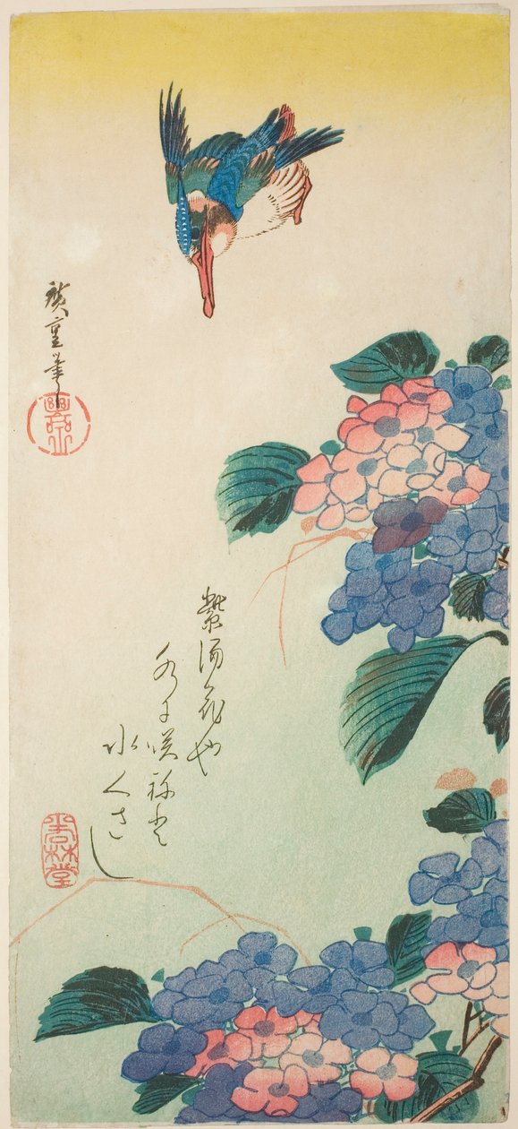 Isfugl og hortensia af Utagawa Hiroshige