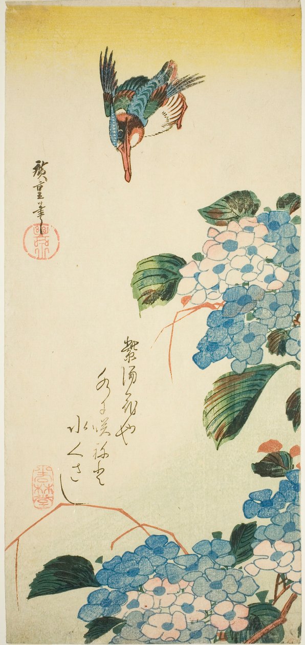 Isfugl og hortensia af Utagawa Hiroshige