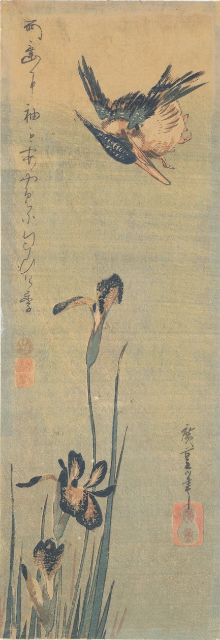 Isfugl flyver over en iris af Utagawa Hiroshige