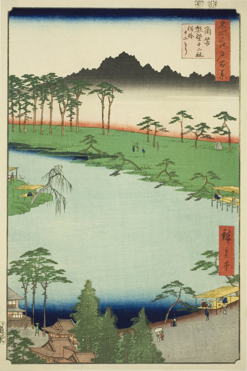 Kumano Junisha-helligdommen i Tsunohazu, populært kendt som Juniso (Tsunohazu Kumano Junisha, zokusho Juniso), fra serien "One Hundred Famous Views of Edo (Meisho Edo hyakkei)" af Utagawa Hiroshige