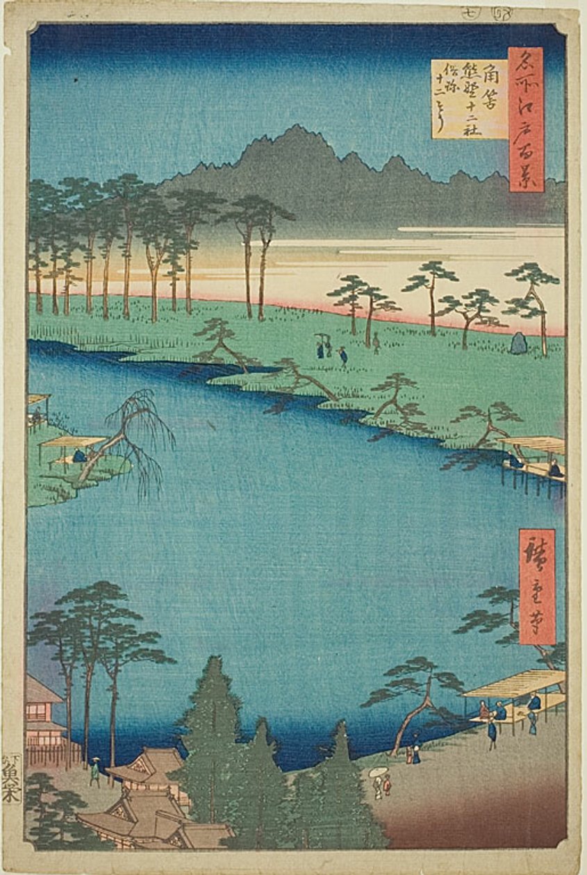 Kumano Junisha-helligdommen i Tsunohazu, populært kendt som "Juniso" (Tsunohazu Kumano Junisha zokusho Juniso), nr. 50 fra serien "One Hundred Famous Views of Edo (Meisho Edo hyakkei)". af Utagawa Hiroshige