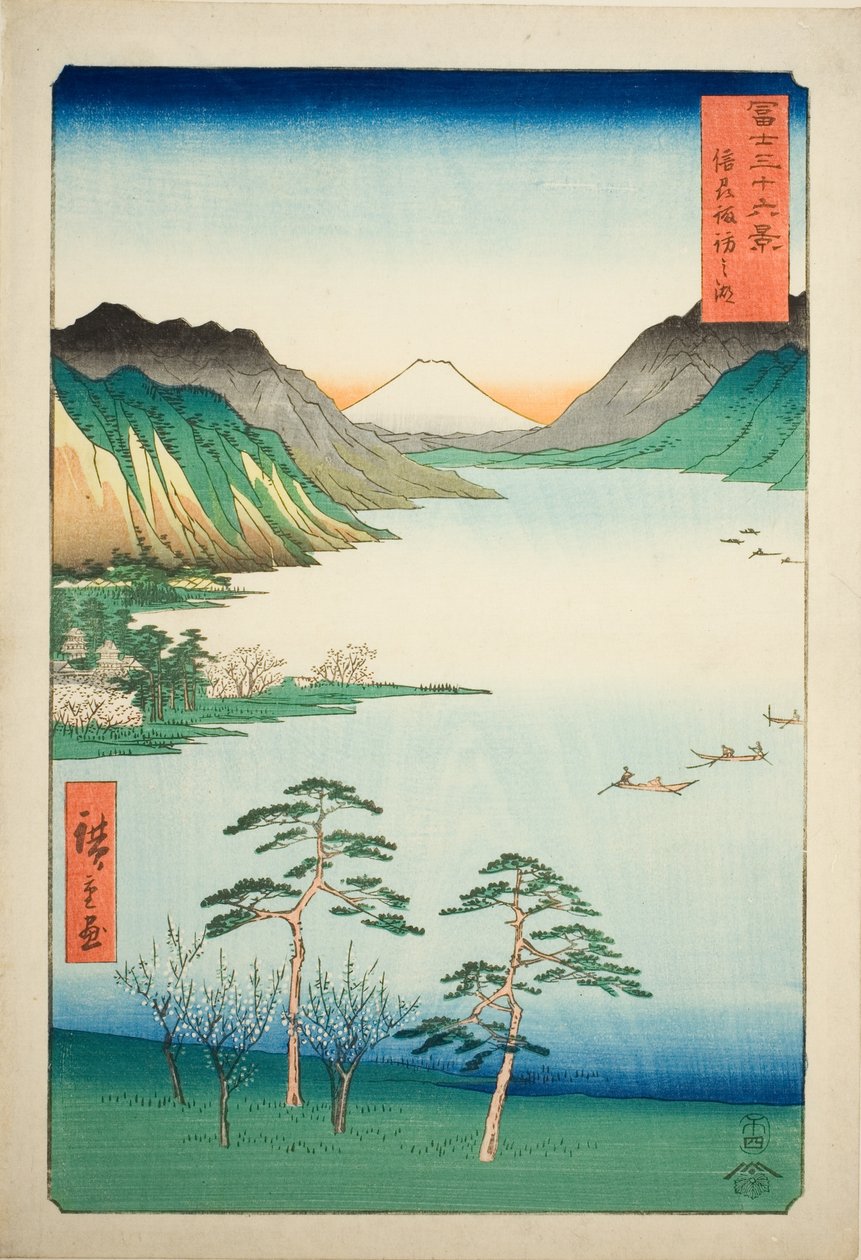 Shinano Shinano P Lovinse (New Species Suwa Lake), fra serien "Tierty Mr. x Views Of Mount Fuji (Fuji Usa Kotobuki Rokukatsu)" af Utagawa Hiroshige