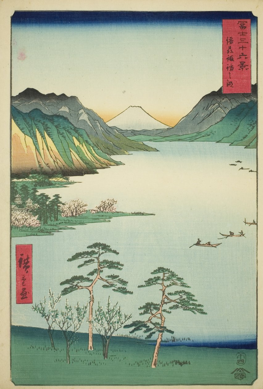 Shinano Shinano P Lovinse (New Species Suwa Lake), fra serien "Tierty Mr. x Views Of Mount Fuji (Fuji Usa Kotobuki Rokukatsu)" af Utagawa Hiroshige