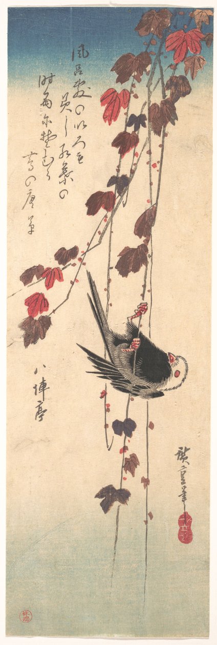 Langhalet mejse på efterårs-vedbend af Utagawa Hiroshige