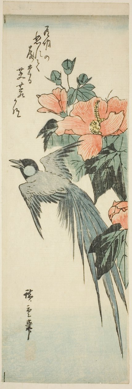 Langhalet fugl og hibiscus af Utagawa Hiroshige