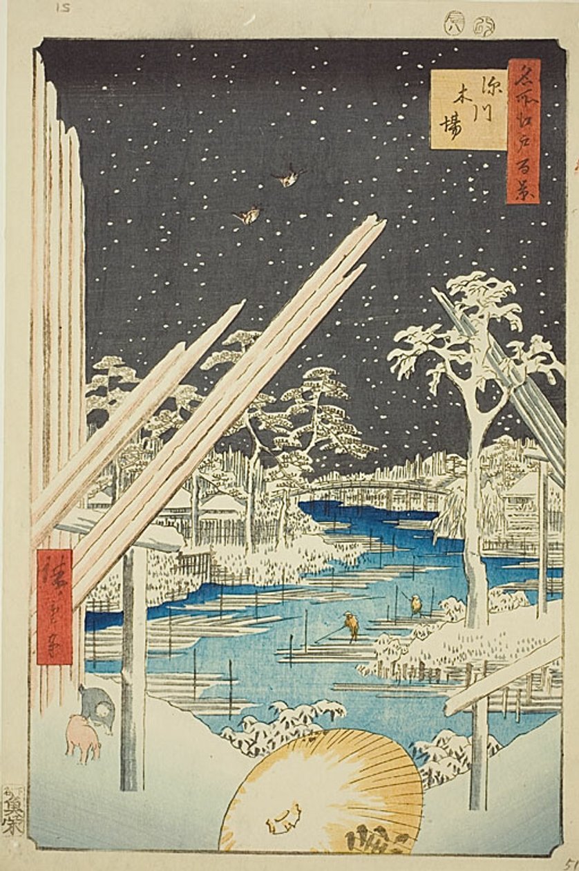 Trælast ved Fukagawa (Fukagawa kiba), med mørk himmel, nr. 106 fra serien "One Hundred Famous Views of Edo (Meisho Edo hyakkei)" af Utagawa Hiroshige