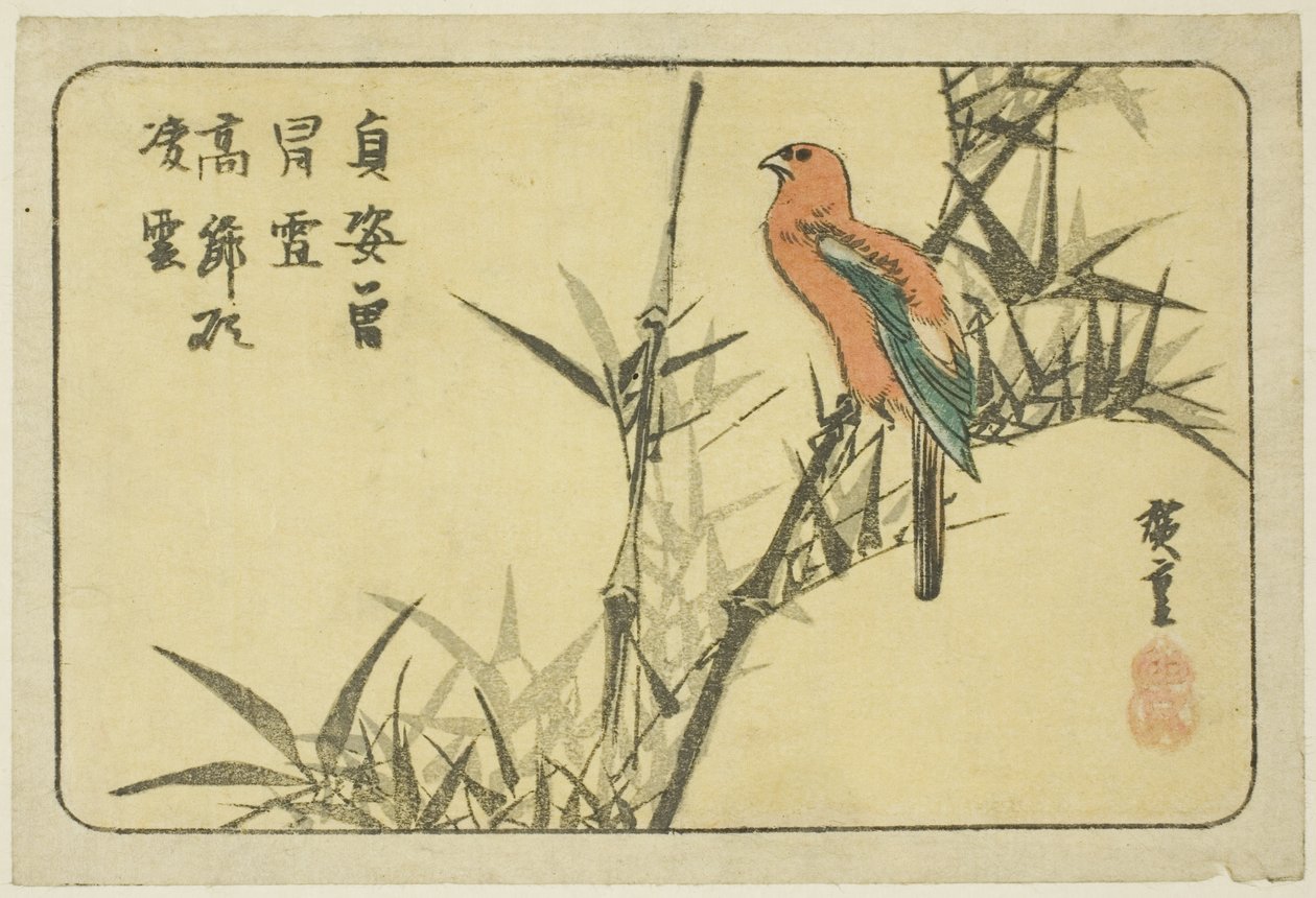 Macaw og bambus af Utagawa Hiroshige