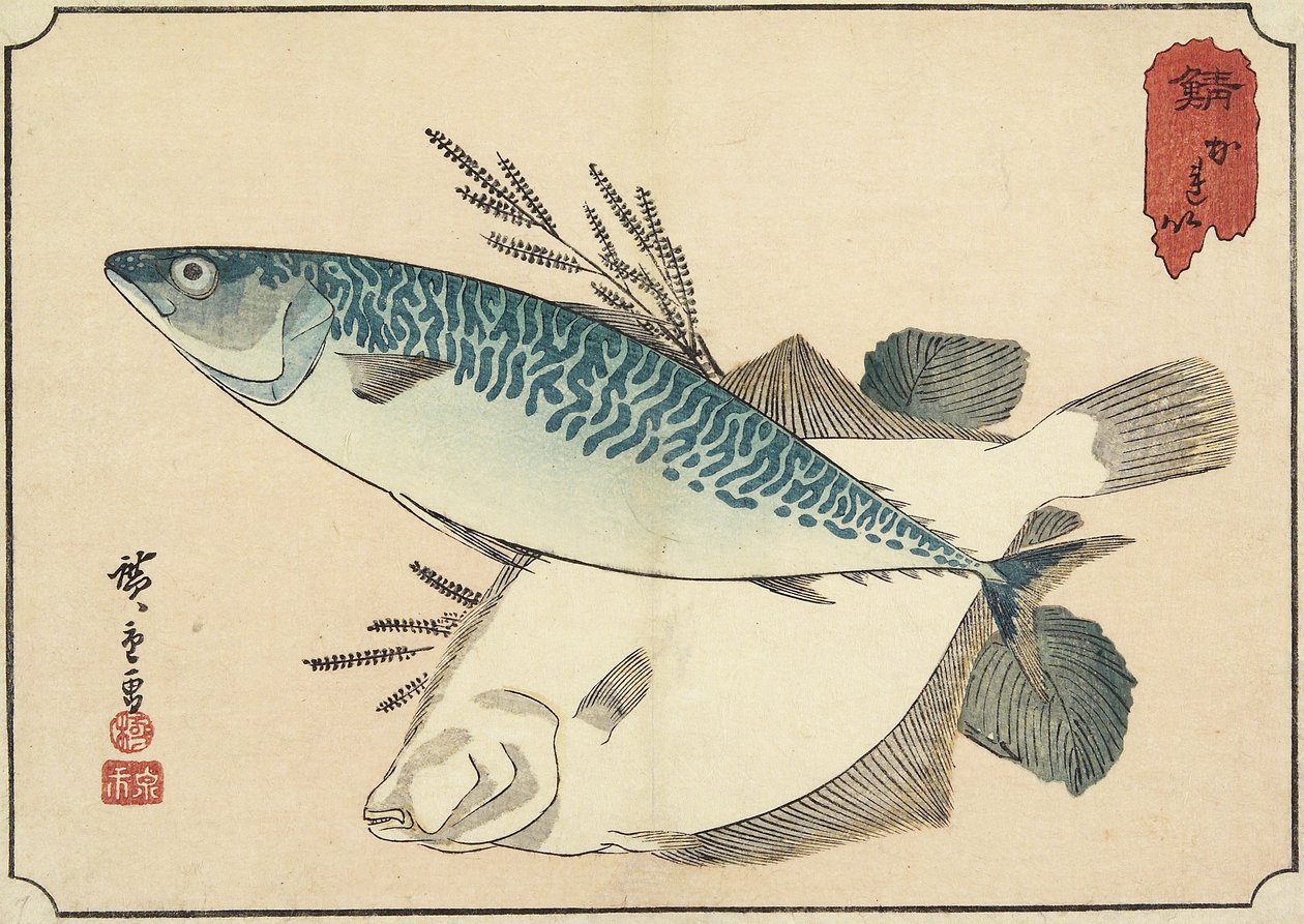 Makrel og helleflynder, begyndelsen af det 19. århundrede af Utagawa Hiroshige