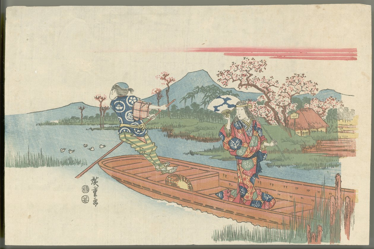 En gal kvinde på en færge nær Mokubōji-templet (scene fra Noh-stykket »Sumidagawa«) af Utagawa Hiroshige