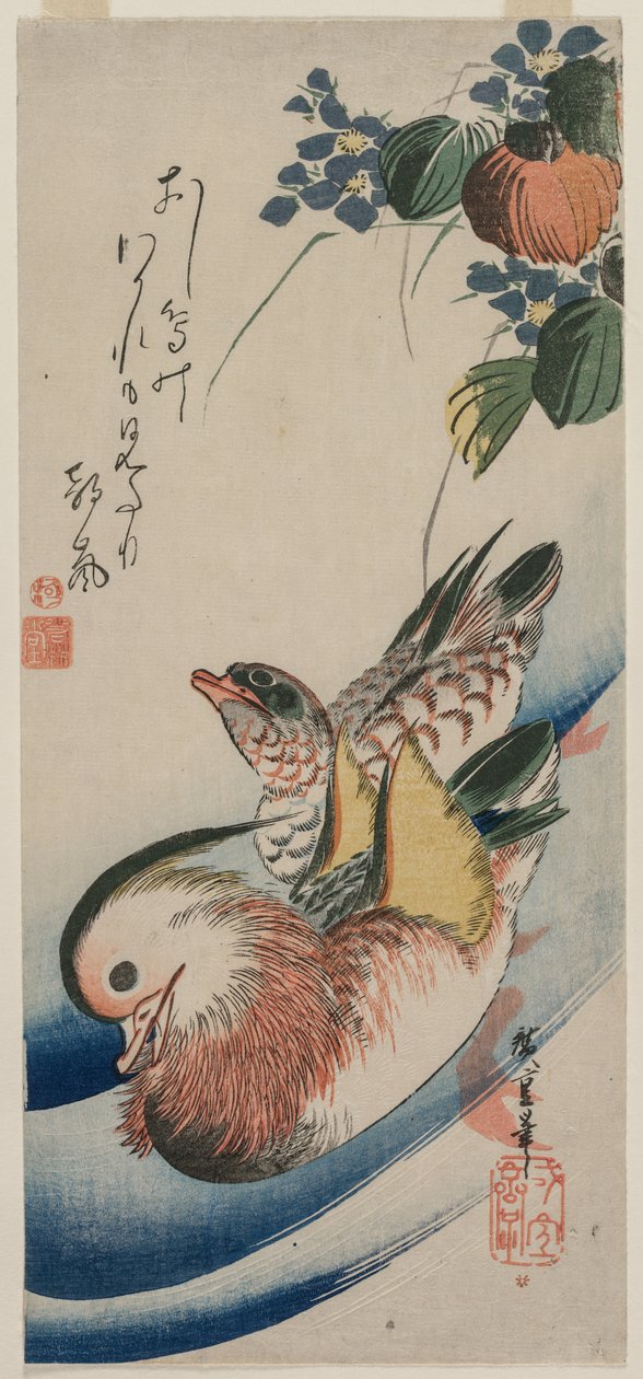 Mandarinænder og blomstrende planter af Utagawa Hiroshige