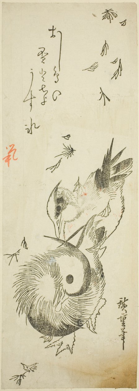 Mandarinænder krydser iskolde dam midt i faldende blade af Utagawa Hiroshige