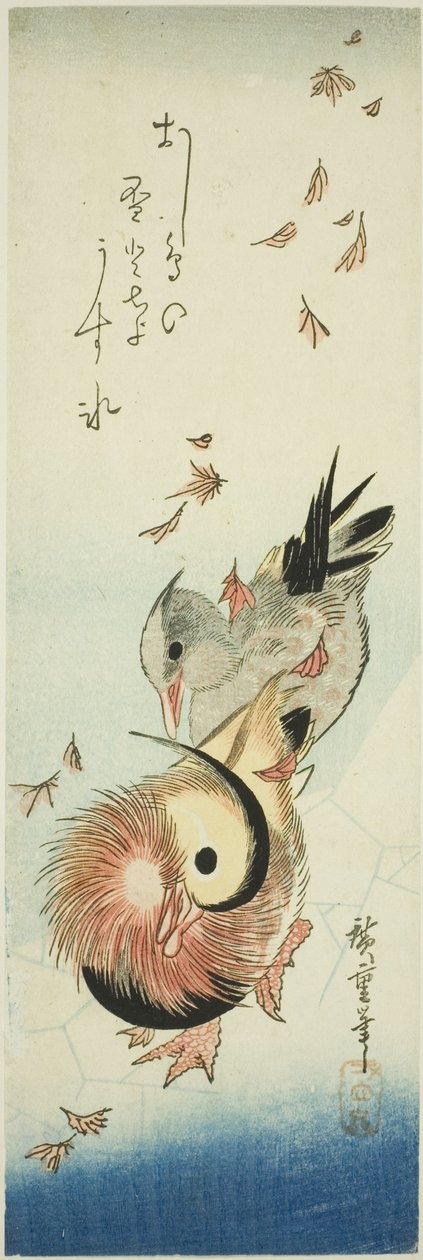 Mandarinænder krydser iskolde dam midt i faldende blade af Utagawa Hiroshige