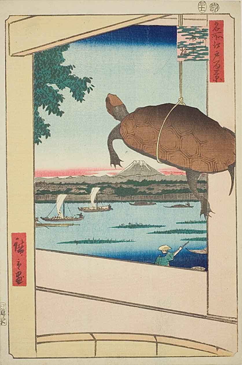 Mannen Bridge, Fukagawa (Fukagawa Mannenbashi), nr. 56 fra serien "One Hundred Famous Views of Edo (Meisho Edo hyakkei)" af Utagawa Hiroshige
