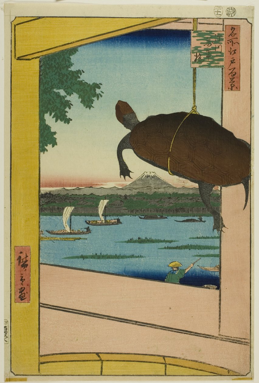 Mannen Bridge, Fukagawa (Fukagawa Mannenbashi), fra serien "One Hundred Famous Views of Edo (Meisho Edo hyakkei)" af Utagawa Hiroshige