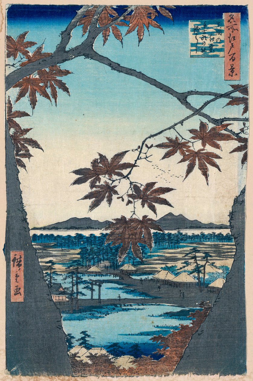 Maple Leaves og Tekona-helligdommen og broen ved Mama, 1856-1858. af Utagawa Hiroshige