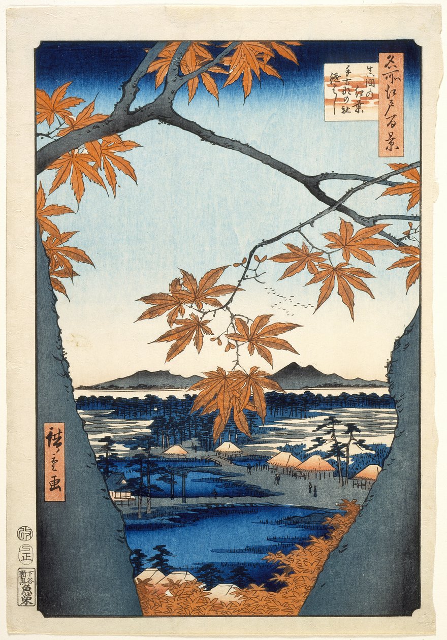 Ahorntræer ved Mama, Tekona-helligdommen og den tilstødende bro af Utagawa Hiroshige