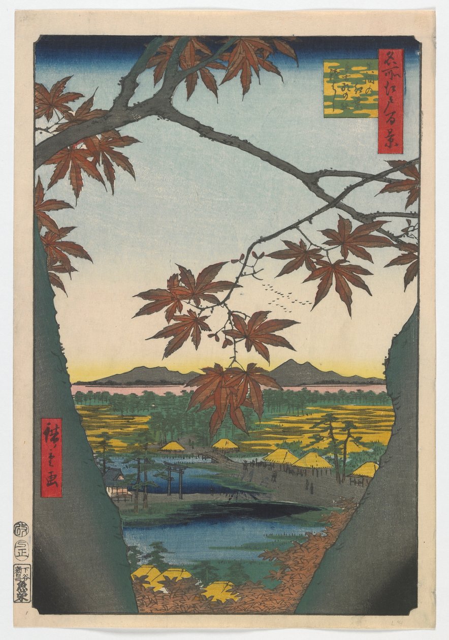 Maple Trees at Mama, Tekona Shrine and Linked Bridge, Edo-periode, 1857 (træblok i farver) af Utagawa Hiroshige