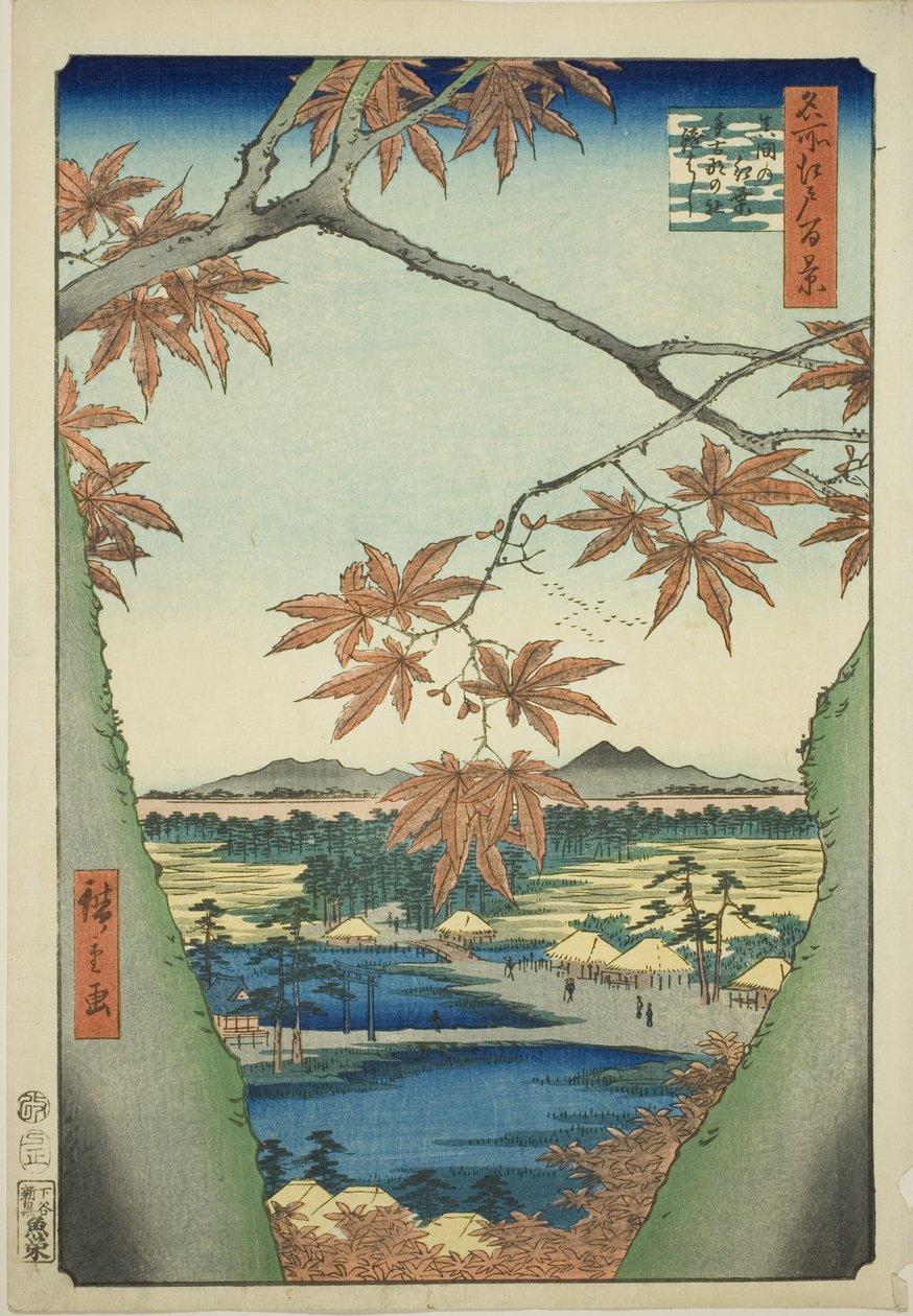 Maple Trees at Mama, Tekona Shrine and Tsugi Bridge (Mama no momiji, Tekona no yashiro, Tsugihashi), fra serien "One Hundred Famous Views of Edo (Meisho Edo hyakkei)" af Utagawa Hiroshige