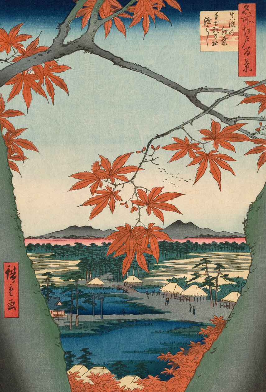 Maple Trees at Mama, Tekona Shrine and Tsugi Bridge (Mama no momiji, Tekona no yashiro, Tsugihashi), fra serien "One Hundred Famous Views of Edo (Meisho Edo hyakkei)" af Utagawa Hiroshige