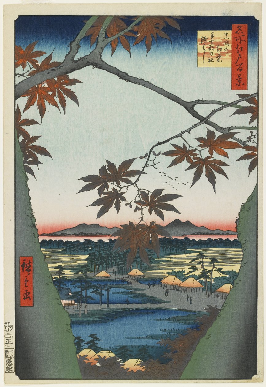 Ahorntræer ved Mama med udsigt over Tekona-helligdommen og broen, januar 1857 af Utagawa Hiroshige
