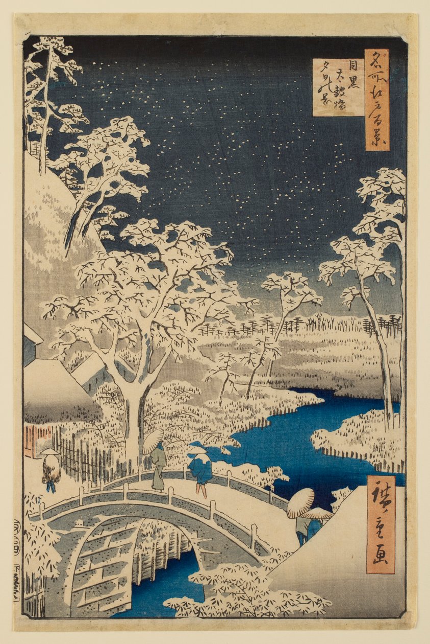 Meguro-trommebroen og Solnedgangshøjen, fra serien „Hundrede berømte udsigter over Edo“ af Utagawa Hiroshige