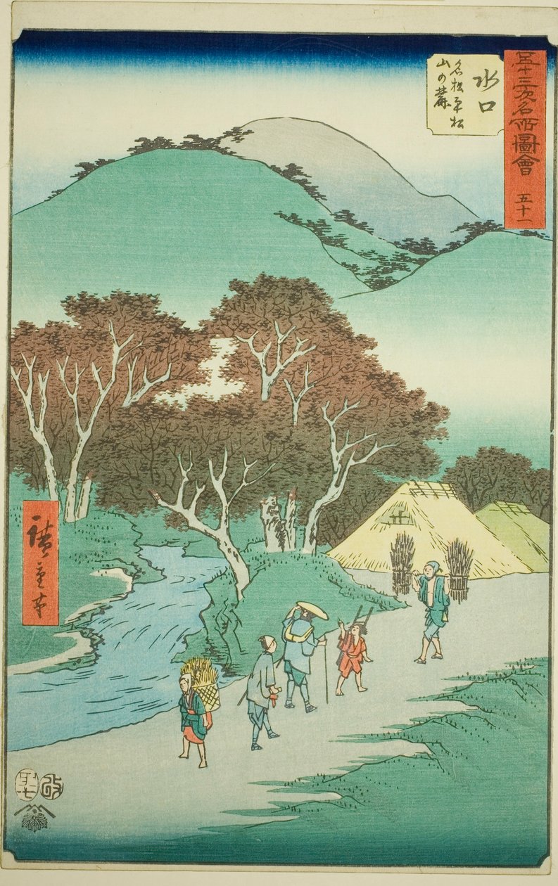 Minakuchi: The Famous Pines ved foden af ​​Hiramatsu-bjerget (Minakuchi, meisho Hiramatsu yama no fumoto), nr. 51 fra serien "Famous Sights of the Fifty-tre Stations (Gojusan tsugi meisho zue)," også kendt som den vertikale Tokaido af Utagawa Hiroshige