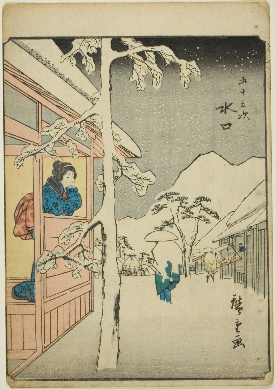 Minakuchi, fra seriens "fifty-tre S tachi-lyd s "of te urbanity" (Goshuyama næste) Hver gang) af Utagawa Hiroshige