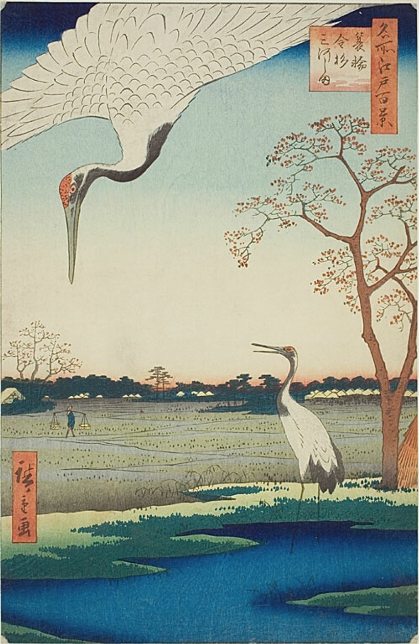 Minowa, Kanasugi, Mikawashima, nr. 102 fra serien "One Hundred Famous Views of Edo (Meisho Edo hyakkei)". af Utagawa Hiroshige
