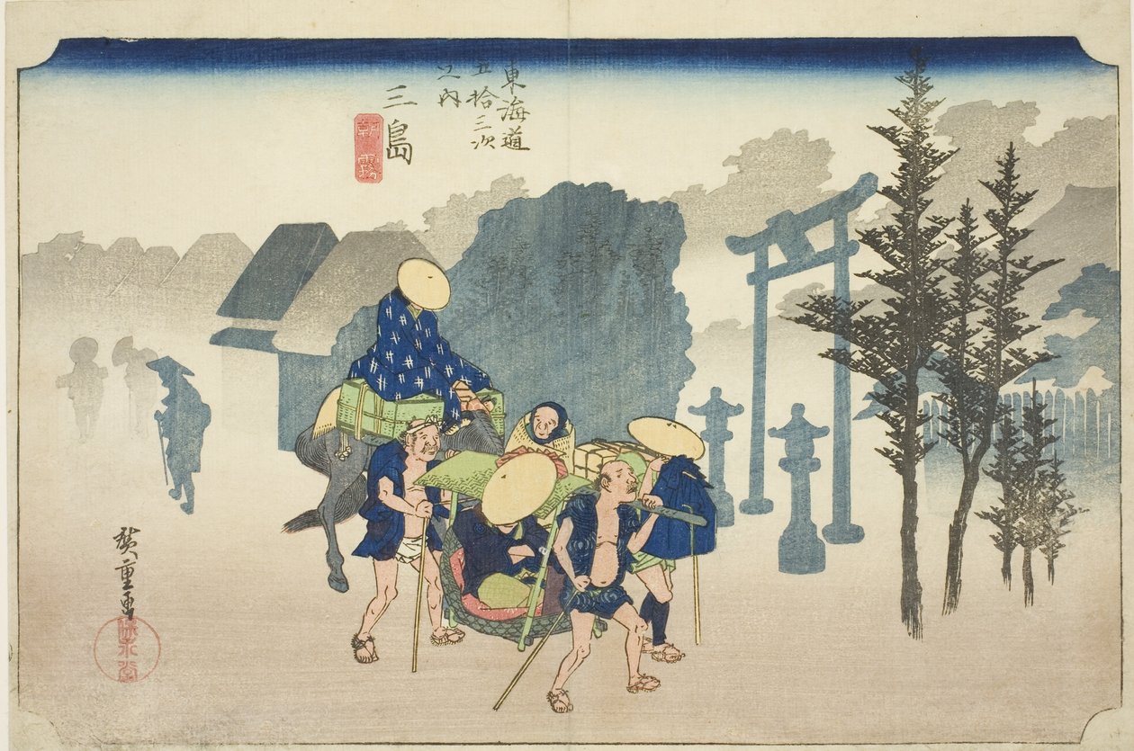 Mishima: Morning Mist (Mishima, asagiri), fra serien "Fifty-three Stations of the Tokaido Road (Tokaido gojusan tsugi no uchi)," også kendt som Hoeido Tokaido af Utagawa Hiroshige
