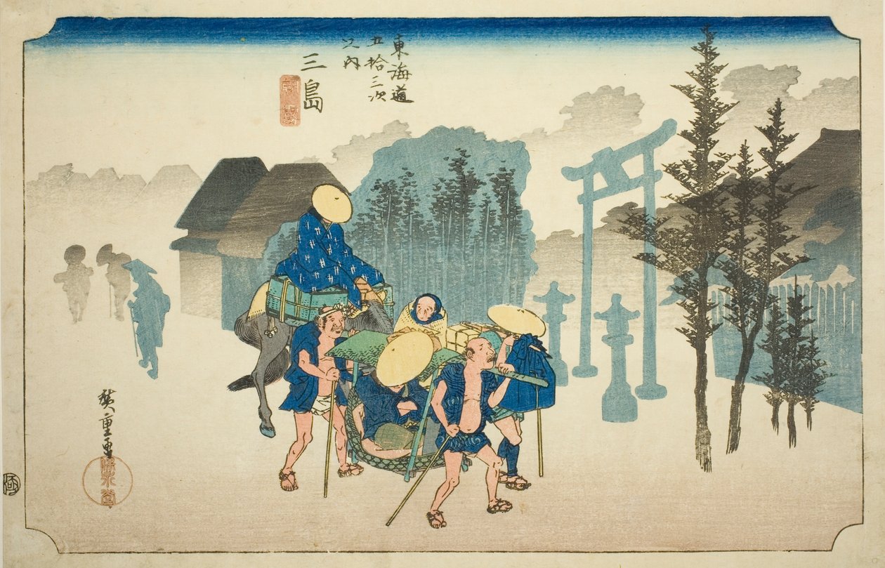 Mishima: Morning Mist (Mishima, asagiri), fra serien "Fifty-three Stations of the Tokaido Road (Tokaido gojusan tsugi no uchi)," også kendt som Hoeido Tokaido af Utagawa Hiroshige
