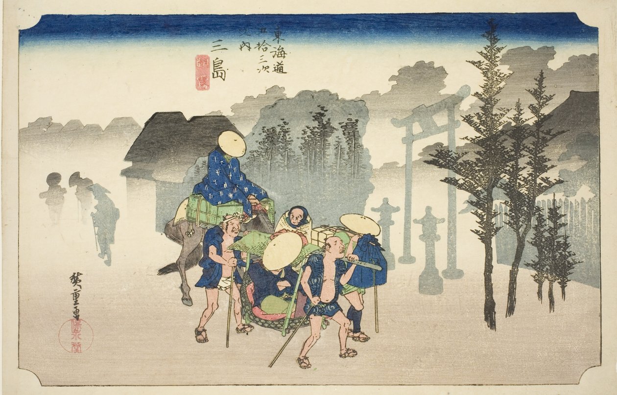 Mishima: Morning Mist (Mishima, asagiri), fra serien "Fifty-three Stations of the Tokaido Road (Tokaido gojusan tsugi no uchi)," også kendt som Hoeido Tokaido af Utagawa Hiroshige