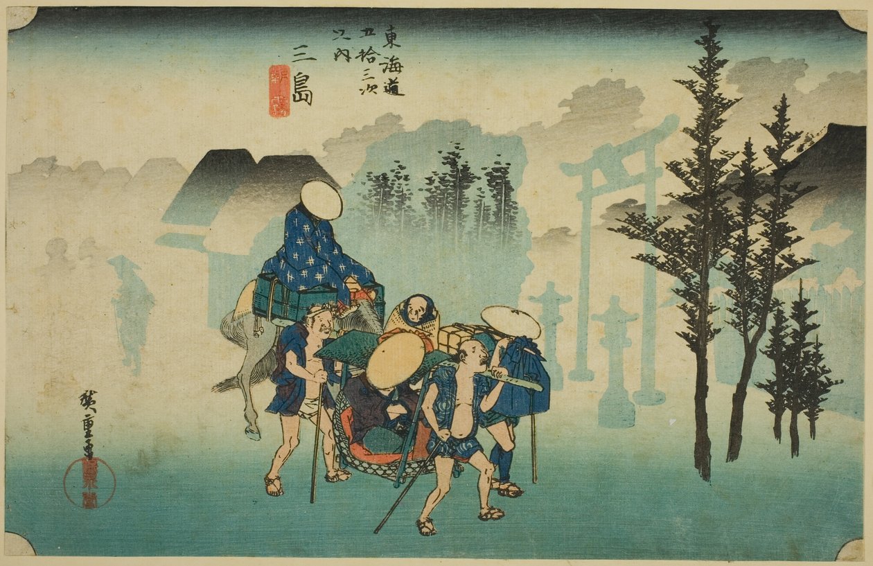 Mishima: Morning Mist (Mishima, asagiri), fra serien "Fifty-three Stations of the Tokaido Road (Tokaido gojusan tsugi no uchi)," også kendt som Hoeido Tokaido af Utagawa Hiroshige